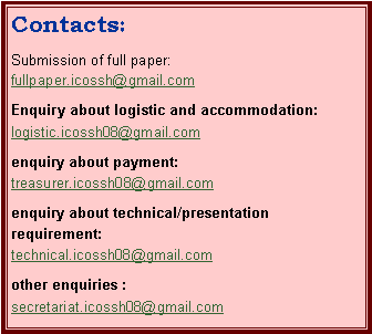 Text Box: Contacts:Submission of full paper:fullpaper.icossh@gmail.comEnquiry about logistic and accommodation:logistic.icossh08@gmail.comenquiry about payment:treasurer.icossh08@gmail.comenquiry about technical/presentation requirement:technical.icossh08@gmail.comother enquiries :secretariat.icossh08@gmail.com